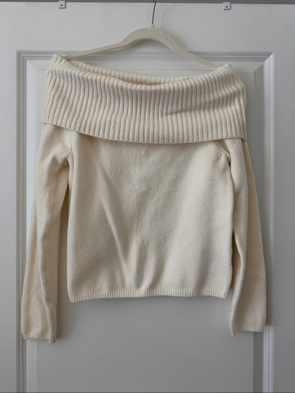 Old Navy Cream Off-the-Shoulder Ribbed Fold-Over Sweater
